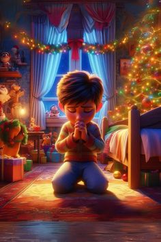 a boy sitting on the floor in front of a christmas tree with his hands clasped