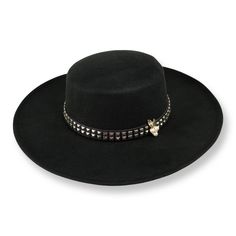 This extra wide brim, round top fedora is what rock n roll dreams are made of. Made from luxe wool and finished with a metal studded band. Look effortlessly cool whilst staying warm at the same time. -Handmade in the USA -One Size Fits Most -Comes with our signature duster bag Punk Brimmed Winter Hats, Winter Rodeo High Crown Hat Bands, Punk Style Brimmed Winter Hat, High Crown Fur Felt Fedora For Winter, Winter High Crown Fur Felt Fedora, High Crown Hats For Winter Rodeo, Western Style High Crown Hat Band For Winter, Leather Hats For Fall Festival, Western Style Fedora For Winter Parties