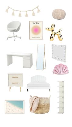 a collage of white furniture and accessories including a bed, desk, mirror, chair, lamp, wall hangings