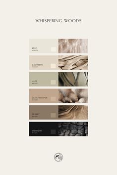 the website for whispering woods is shown with different colors and textures, including beiges, browns