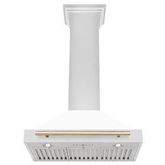 a white range hood with a gold trim on the top and bottom, against a white background