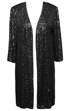 Plus 3/4 Sleeve Sequin Elongated Open Jacket - alexevenings.com Glamorous Holiday Workwear Outerwear, Chic Sequined Outerwear For Evening, Chic Sequined Evening Outerwear, Fall Evening Sequined Outerwear, Sequined Outerwear For Holiday Evenings, Spring Formal Outerwear With Sequins, Spring Formal Sequined Outerwear, Elegant Holiday Sequin Outerwear, Chic Holiday Sequin Outerwear