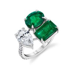 ONE OF A KIND COLLECTION: The SHAY Diamond & Emerald Pear Triple Threat Ring features one-of-a-kind gemstones in an open setting. Details: 18K Gold White Diamonds: 1.98cts Emerald: 4.4cts Pear: 1.62cts, Oval Emerald: 2.10cts, Emerald Cut Emerald: 2.2cts, Band: .35cts Width: 14mm Available in Rose, Yellow, White & Black Gold Natural, untreated gemstones CONTACT us to further customize Product Number: SR470 Not sure of sizing? See our chart HERE. All products are made to order within 4 - 6 weeks. Luxury Pear-shaped Three Stone Rings, Fine Jewelry Three-stone Pear-shaped Diamond Ring, Fine Jewelry Pear-shaped Three Stone Diamond Ring, Pear-shaped Three Stone Diamond Ring, Ring Chart, Triple Threat, Rose Yellow, Beautiful One, Emerald Diamond