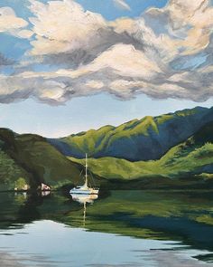 a painting of a sailboat on a lake with mountains and clouds in the background