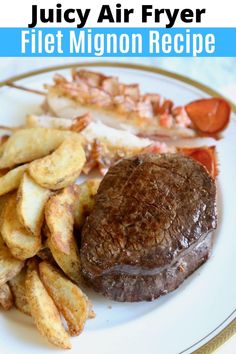 a close up of a plate of food with french fries and steak on the side