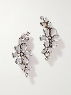 Romantic, feminine details are key to Simone Rocha's collections. Resembling flowers and leaves, these earrings are crafted from silver-tone metal ornamented with glinting crystals. The half-moon profile follows the curve of your lobe beautifully. Elegant Silver Crystal Flower Earrings, Luxury Single Silver Crystal Earring, Silver Drop Earrings With Sparkling Stones, Silver Crystal Cluster Earrings For Evening, Silver Sparkling Flower Earrings For Formal Occasions, Luxury Silver Solitaire Bridal Earring, Silver Crystal Clip-on Earrings For Evening, Silver Drop Flower Earrings For Evening, Silver Flower Drop Earrings For Evening