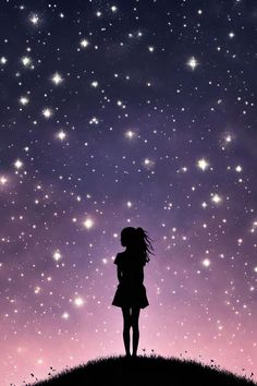 the silhouette of a girl standing on top of a hill with stars in the sky