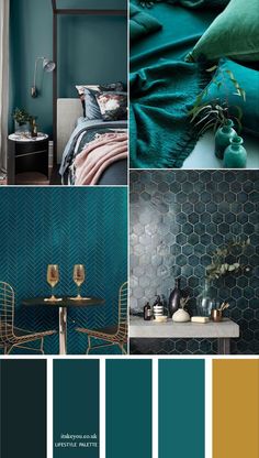 a collage of teal and gold color palettes for the bedroom, bathroom or living room