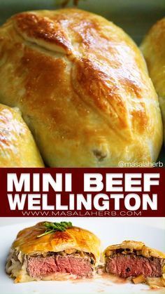 mini beef wellington with cheese on top and meat in the middle, sitting on a white plate