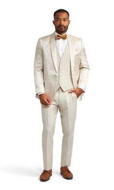 A slim ivory paisley tuxedo coat with one button and a shawl lapel. Paisley Tuxedo, Men's Tuxedo Wedding, Ivory Tuxedo, Tuxedo Coat, Men's Tuxedo, Gray Wool Coat, Black Patent Leather Shoes, Lapel Coat, Tan Pants