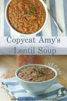 two bowls of lentil soup with spoons next to each other on a blue and white striped napkin