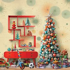 a christmas tree in front of a wall with ornaments on it and a red dresser