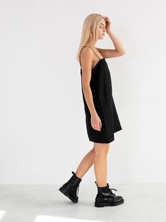 "VIOLET is an an effortless throw-on slip dress that falls just above knees. DETAILS - Square neckline - Spaghetti straps - Elastic back - Oeko-Tex certified 100% local washed midweight linen - Cut and sewn to order just for you in our studio COLOR - Black, you can also choose other colors above - Fabric samples are available here https://www.etsy.com/listing/586569696/linen-fabric-samples SIZING & FIT - Fits true to size - Length (shoulder to hem) is approximately 86 cm / 34 inches - Measur Daywear Mini Slip Dress With Adjustable Straps, Chic Knee-length Slip Dress With Adjustable Straps, Mini Slip Dress With Adjustable Straps For Daywear, Casual Knee-length Mini Dress With Adjustable Straps, Black Slip Dress With Adjustable Straps For Daywear, Black Casual Slip Dress With Adjustable Straps, Casual Black Slip Dress With Adjustable Straps, Casual Black Knee-length Slip Dress, Linen Slip Dress