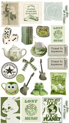 a collage of green and white items including teapots, cups, books, and other things