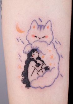 a cat and a woman hugging on the back of a thigh with stars in the background