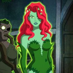 an animated image of a woman with red hair standing next to a man in green