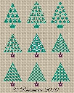 cross stitch christmas trees in green and purple