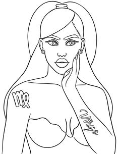 a drawing of a woman with tattoos on her chest and hand near her face, looking at the camera