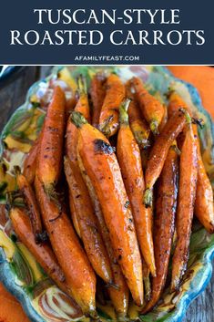 roasted carrots on a plate with text overlay