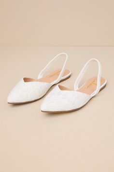 Step into style with the Lulus Mae White Lace Pointed-Toe Slingback Flats! These sweet cuties are the perfect blend of chic and sensible with their low-maintenance flat sole, comfortable elastic slingback strap, and cute notched pointed-toe upper composed of romantic floral lace. 0. 25" rubber heel. Lightly cushioned insole. Felted rubber sole has nonskid markings. Man made materials. Imported. Lulus | Mae White Lace Pointed-Toe Slingback Flats | Size 9. Comfortable Wedding Shoes For Bride Ballet Flats, White Bride Shoes, Flat Wedding Shoe, White Flat Wedding Shoes, White Wedding Shoes Flats, Bride Shoes Flats, Flat Bridal Shoes, Wedding Flat Shoes, Wedding Flats For Bride