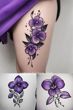 February: Violet - flower tattoo ideas - Floral tattoos allow people to express their emotions, and individuality through the diverse meanings associated with each flower. This post lists 77 different flower tattoo ideas and they symbolic meanings. Birth, small, birth month, december birth, lotus, designs, july birth, october birth, for women, men, sleeve, arm, simple, color, on shoulder, forearm Colourful Flower Tattoos For Women, Neo Traditional Violet Tattoo, Tattoo Flowers Ideas, Garden Flower Tattoo, February Flower Tattoo Violets, February Birth Flower Tattoo Violets, Purple Flower Tattoos For Women, Tattoo Flower Ideas, Flower Tattoo Cover Up