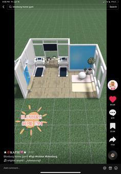 a virtual view of a small house with a pool in the center and furniture on the other side