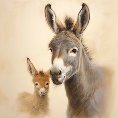 a painting of a donkey and its baby in front of a white background with brown spots