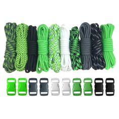 several different types of rope and buckles for climbing, camping or traveling with each other