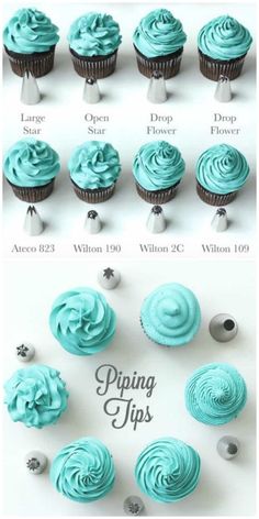 cupcakes with blue frosting are shown in different sizes and shapes, including the top