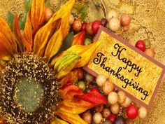 a happy thanksgiving card with sunflowers, berries and nuts on a table top