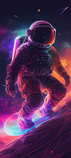 an astronaut on a skateboard in the outer space, with colorful lights coming from behind him