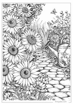 a garden scene with sunflowers and a watering can