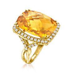 Ross-Simons - 17.00ct Citrine Ring, .68ct t. w. Diamonds in 14kt Yellow Gold. Size 9. Sunshine of the most sensational kind! Our head-turning cocktail ring boasts an incredible 17.00 carat rectangular cushion-cut citrine bordered by .68 ct. t. w. round brilliant-cut diamonds. Finely crafted in polished 14kt yellow gold. 7/8" wide. Diamond and citrine ring. Citrine birthstones are the perfect gift for November birthdays. Rectangular Cushion, November Birthday, Elegant Engagement Rings, Cushion Cut