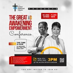 an ad for the great awakeing improvement conference with two people standing next to each other