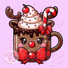 a mug with a candy cane in it and a reindeer's head on top