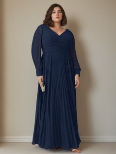 Fabric: Chiffon Silhouette: A-Line/Princess Neckline: V-neck Hemline/Train: Floor-Length Embellishment:  Pleated Sleeve: Long Sleeves Shown Color: Dark Navy Natural Wardrobe, Pleated Sleeves, Bride Dresses, Soft Natural, Pink Candy, Blue Ink, Mother Of The Bride Dresses, Dusty Blue, Bride Dress