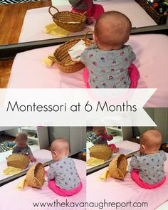 a baby sitting in front of a mirror with a basket on it's lap