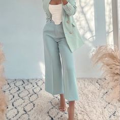 New With Tag Zara Woman Menswear Style Wide Leg Pants Color: Pastel Green / Blue Size: M Front Zipper Closure Approximate Measurement Across Waist: 14.5” Across Hip: 18” Rise: 13.5” Inseam: 24” Length: 37” Thank You For Stopping By #6 Zara Wide Leg Jeans, White Wide Leg Pants, Black Wide Leg Trousers, Zara Jumpsuit, Wide Leg Dress Pants, Pants Green, Casual Wide Leg Pants, Athleisure Casual, Blue Pastel