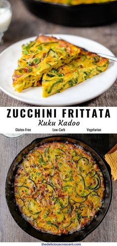 zucchini frittata in a cast iron skillet on a wooden table