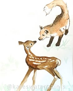 an image of two deers that are facing each other in watercolor and ink