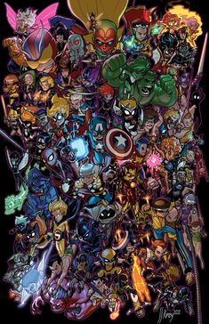 an image of many cartoon characters in the style of avengers and captain america, all grouped together