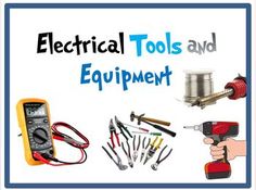 electrical tools and equipment displayed in front of a white background with blue border around it