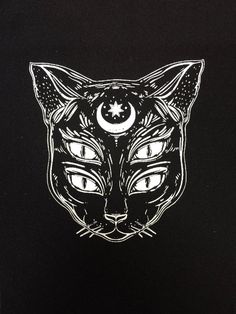 a black and white drawing of a cat's face with the moon in its eyes