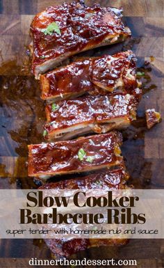 slow cooker barbecue ribs on a cutting board with text overlay that reads slow cooker barbecue ribs