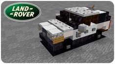 a truck made out of lego blocks sitting on top of a cement ground next to a sign that says land rover