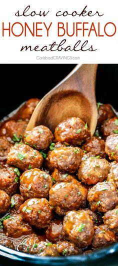 slow cooker honey buffalo meatballs in a crock pot with a wooden spoon