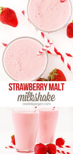 strawberry malt milkshake with strawberries on the side and two glasses full of it