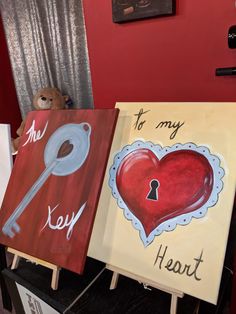 three canvass with paintings on them that say i love you and key to my heart