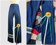 "DAISY DOES IT Flare-leg jeans with cute floral and ribbon applique. High rise and snug at hips. Back pockets, zip fly.  ERA: 1970s LABEL: City Jeans SIZE: x small, jeans are too small on my mannequin. will fit best on a size 2 or small 4.  waist: 26\" hip: 38\" inseam: 33\"  rise: 12\" FABRIC: denim feel like cotton COLOR: medium/dark wash CONDITION: excellent!" 1970s Wide Leg Jeans For Spring, 1970s Style Wide Leg Spring Jeans, 1970s Style Cotton Bottoms For Spring, 70s Inspired Denim Jeans For Spring, 1970s Style Fitted Jeans For Spring, 1970s Style Spring Cotton Bottoms, 70s Inspired Spring Denim Jeans, 1970s Cotton Bottoms For Spring, 1970s Wide Leg Spring Jeans