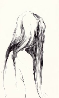 a black and white drawing of a woman with long hair